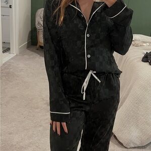 BCBGMaxAzria Black Check Satin Pajama Set with White Piping